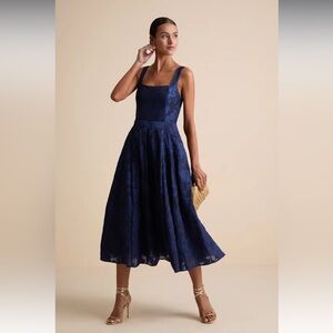 Lulu's Midnight Blue Jacquard Lace-Up Midi Dress